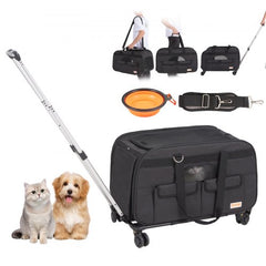 Black rolling pet carrier with wheels for dogs and cats up to 35 lbs, featuring mesh windows.