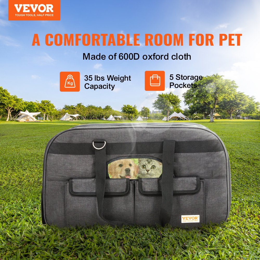 Black rolling pet carrier with wheels for dogs and cats up to 35 lbs, featuring mesh windows.