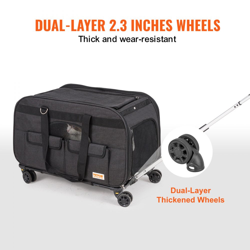 Black rolling pet carrier with wheels for dogs and cats up to 35 lbs, featuring mesh windows.