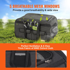 Black rolling pet carrier with wheels for dogs and cats up to 35 lbs, featuring mesh windows.