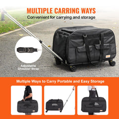 Black rolling pet carrier with wheels, mesh windows, and adjustable straps for dogs and cats.