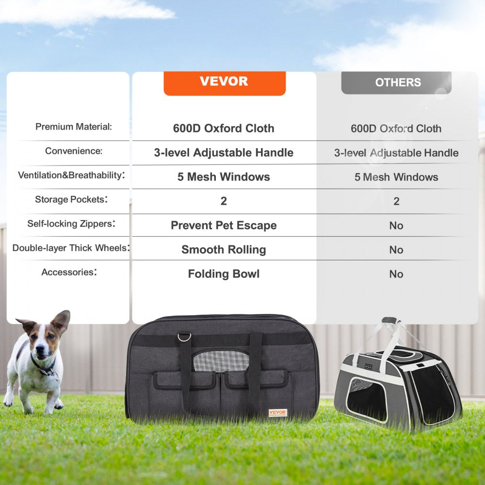 Black rolling pet carrier with wheels, mesh windows, and adjustable straps for dogs and cats.