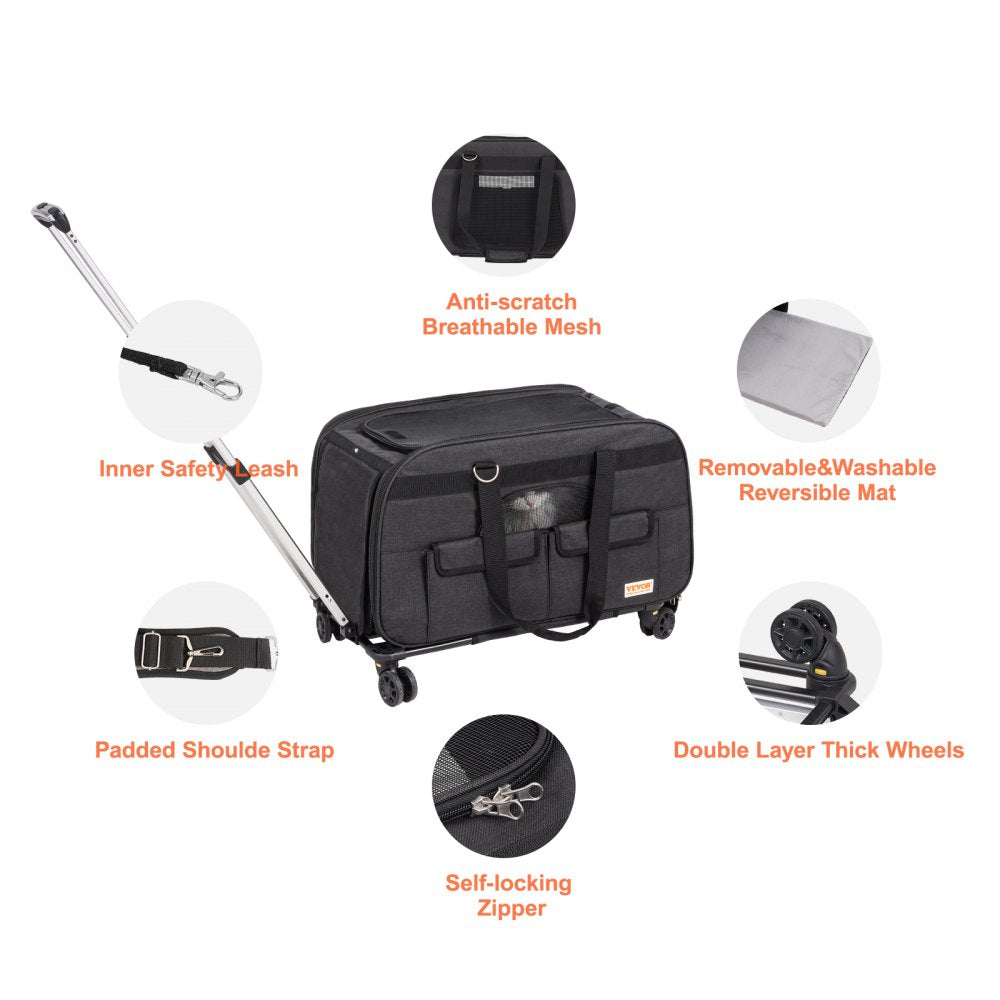 Black rolling pet carrier with wheels for dogs and cats up to 35 lbs, featuring mesh windows.