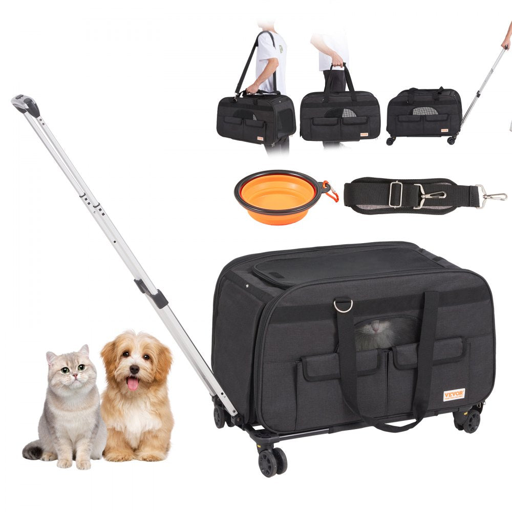 Black rolling pet carrier with wheels for dogs and cats up to 35 lbs, featuring mesh windows.