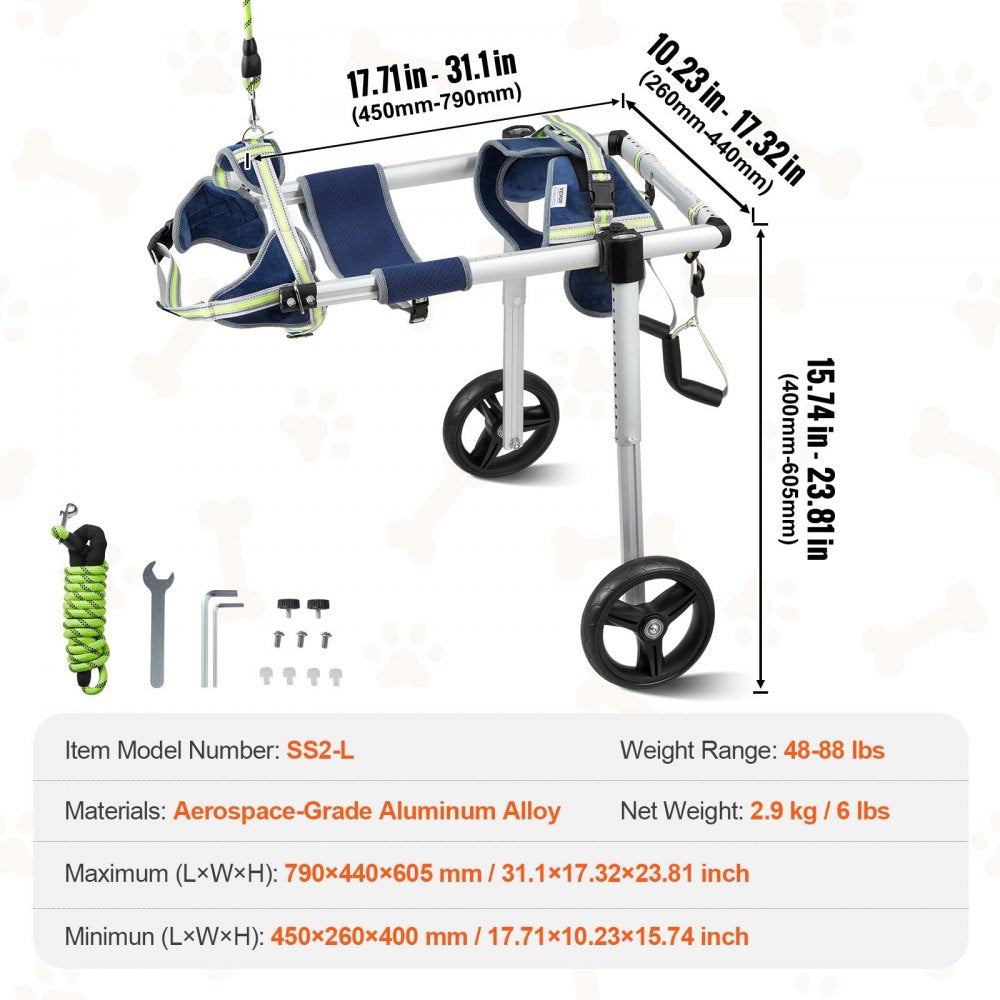 2 Wheels Dog Wheelchair for Back Legs, Pet Wheelchair Lightweight & Adjustable Assisting in Healing,  Dog Cart/Wheelchair for Injured, Disabled, Paralysis, Hind Limb Weak Pet(L)