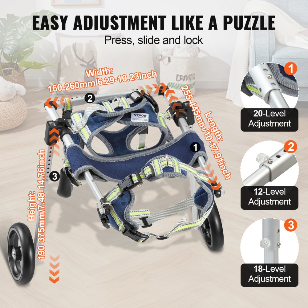 2 Wheels Dog Wheelchair for Back Legs, Pet Wheelchair Lightweight & Adjustable Assisting in Healing,  Dog Cart/Wheelchair for Injured, Disabled, Paralysis, Hind Limb Weak Pet(XS)