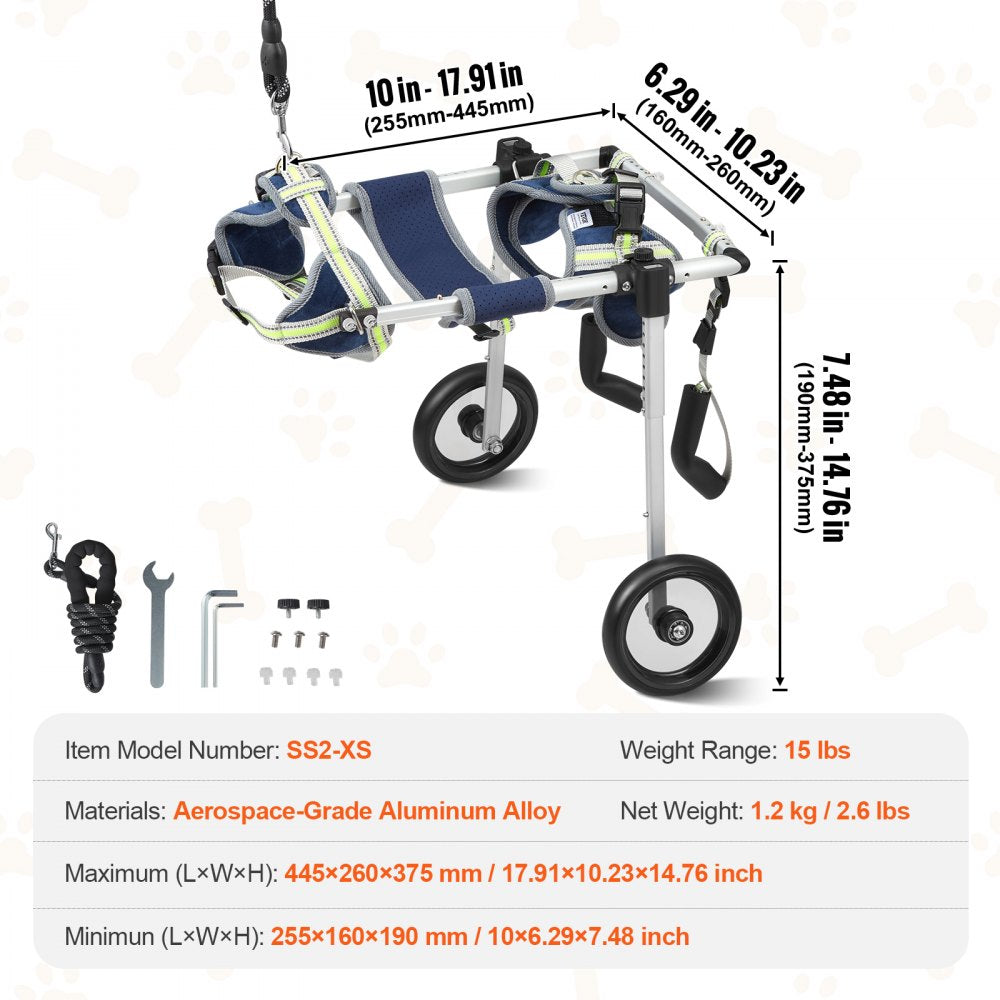 2 Wheels Dog Wheelchair for Back Legs, Pet Wheelchair Lightweight & Adjustable Assisting in Healing,  Dog Cart/Wheelchair for Injured, Disabled, Paralysis, Hind Limb Weak Pet(XS)