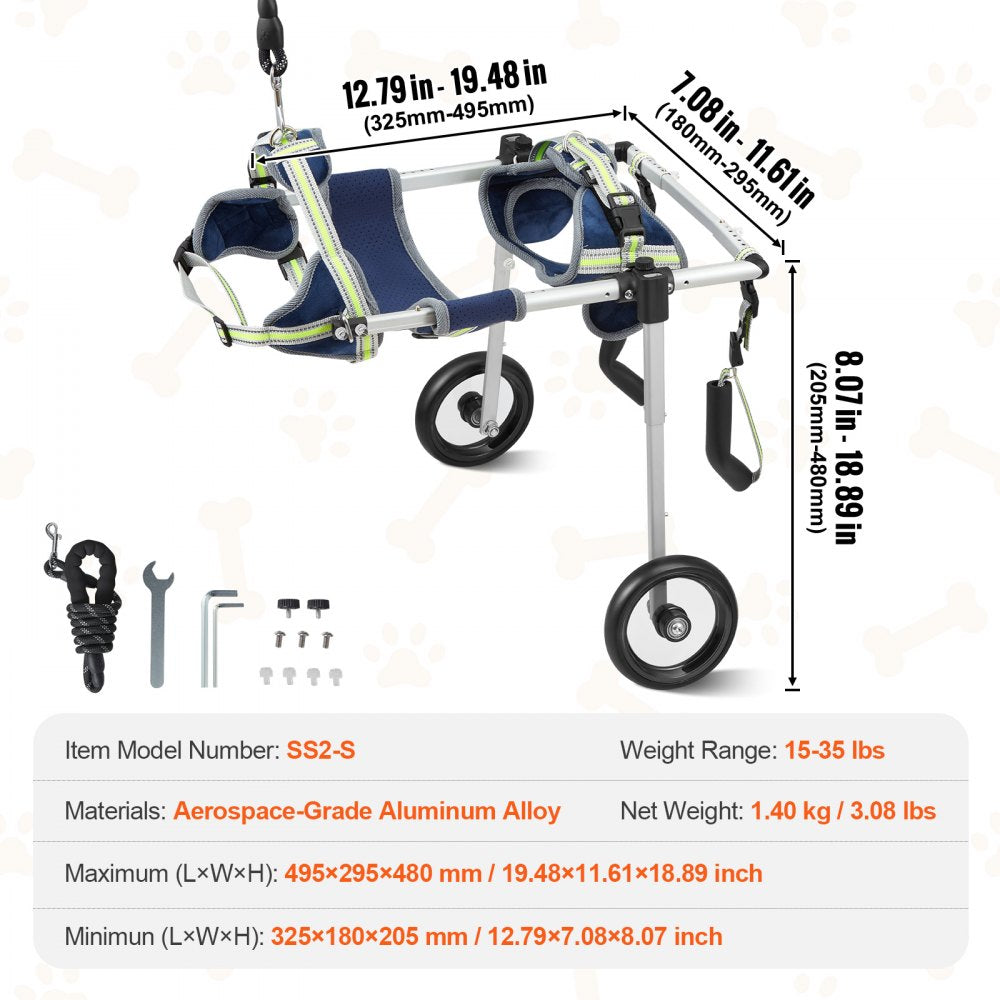 2 Wheels Dog Wheelchair for Back Legs, Pet Wheelchair Lightweight & Adjustable Assisting in Healing,  Dog Cart/Wheelchair for Injured, Disabled, Paralysis, Hind Limb Weak Pet(S)