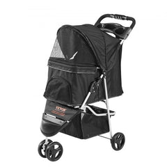 Black 3-wheel Bostome pet stroller with alloy frame, mesh panels, and brakes.