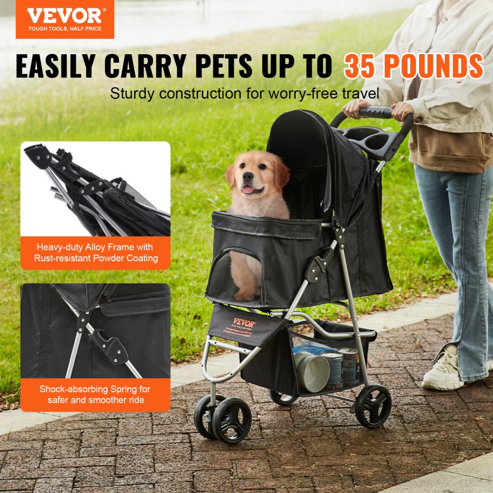 Black 3-wheel pet stroller with alloy frame, 35lbs capacity, brakes, and a golden retriever puppy inside.
