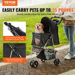 Black 3-wheel pet stroller with alloy frame, 35lbs capacity, brakes, and a golden retriever puppy inside.