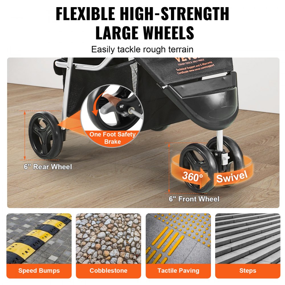 Black 3-wheel Bostome pet stroller with 6-inch wheels, brakes, and 35lbs capacity.