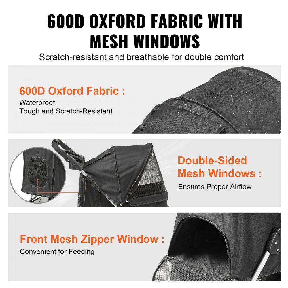 Black 3-wheel pet stroller with 600D Oxford fabric, mesh windows, and 35lbs capacity.