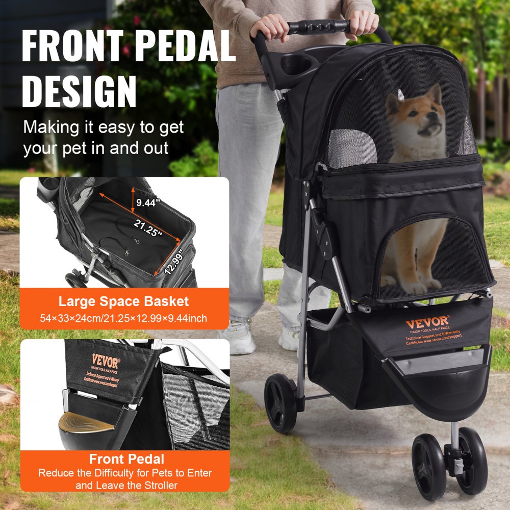 Black 3-wheel pet stroller with front pedal entry, mesh panels, and a Shiba Inu inside.