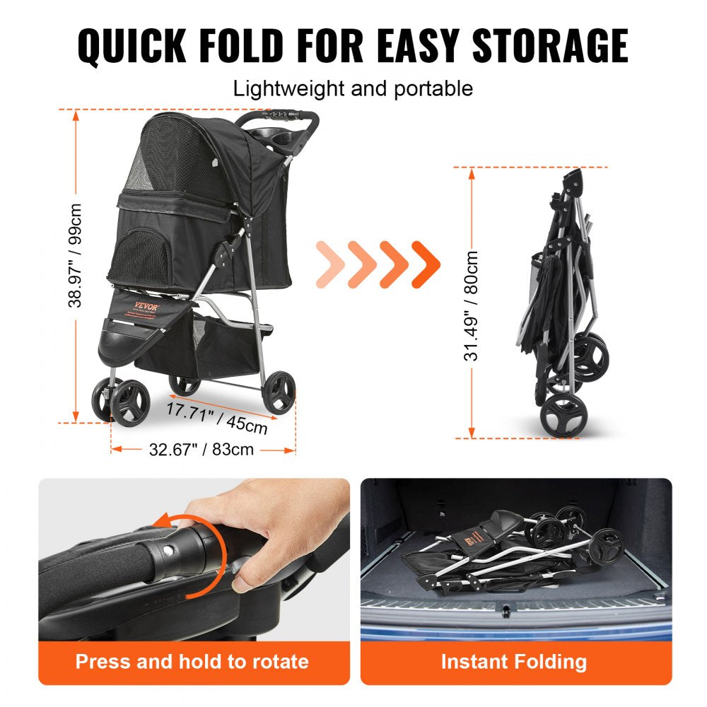 Black 3-wheel pet stroller with foldable frame, mesh panels, and dimensions shown.