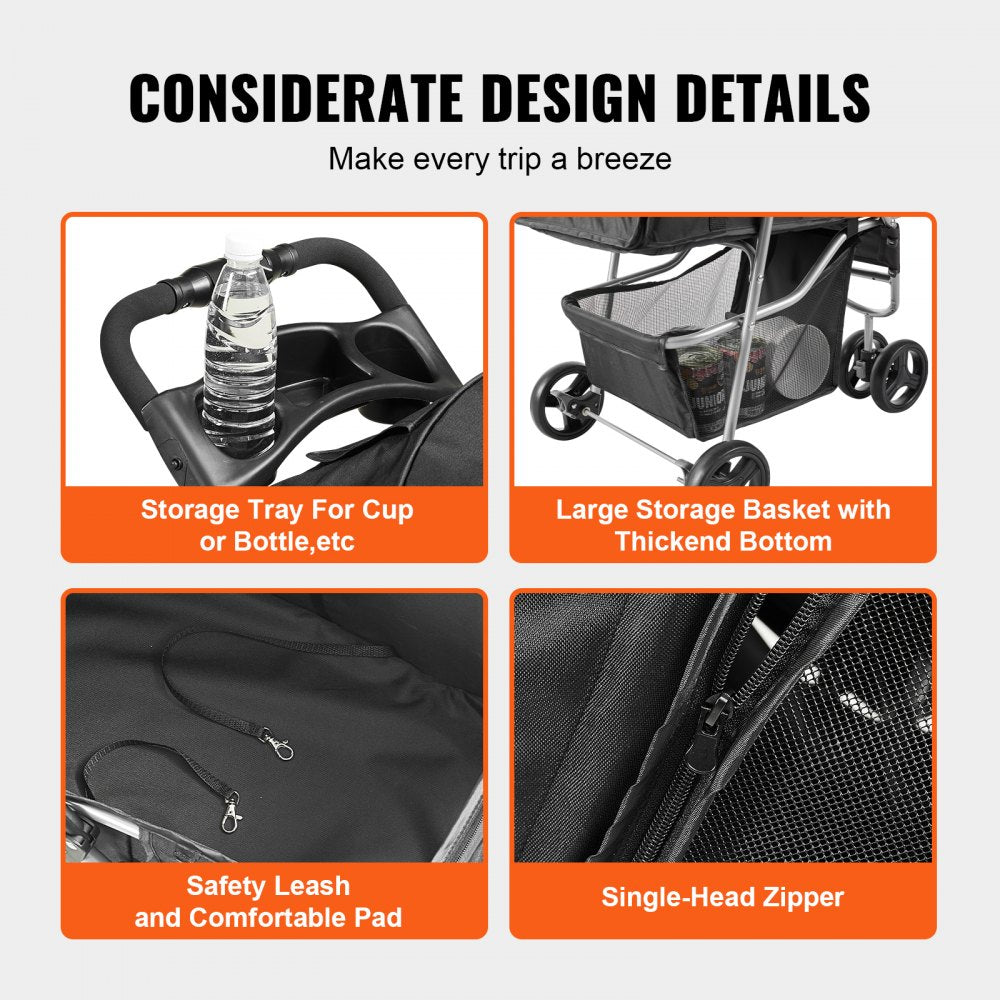 Close-up of black Bostome 3-wheel pet stroller showing cup holder, storage basket, leash pad, and zipper.