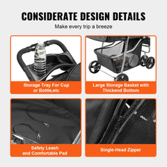 Close-up of black Bostome 3-wheel pet stroller showing cup holder, storage basket, leash pad, and zipper.