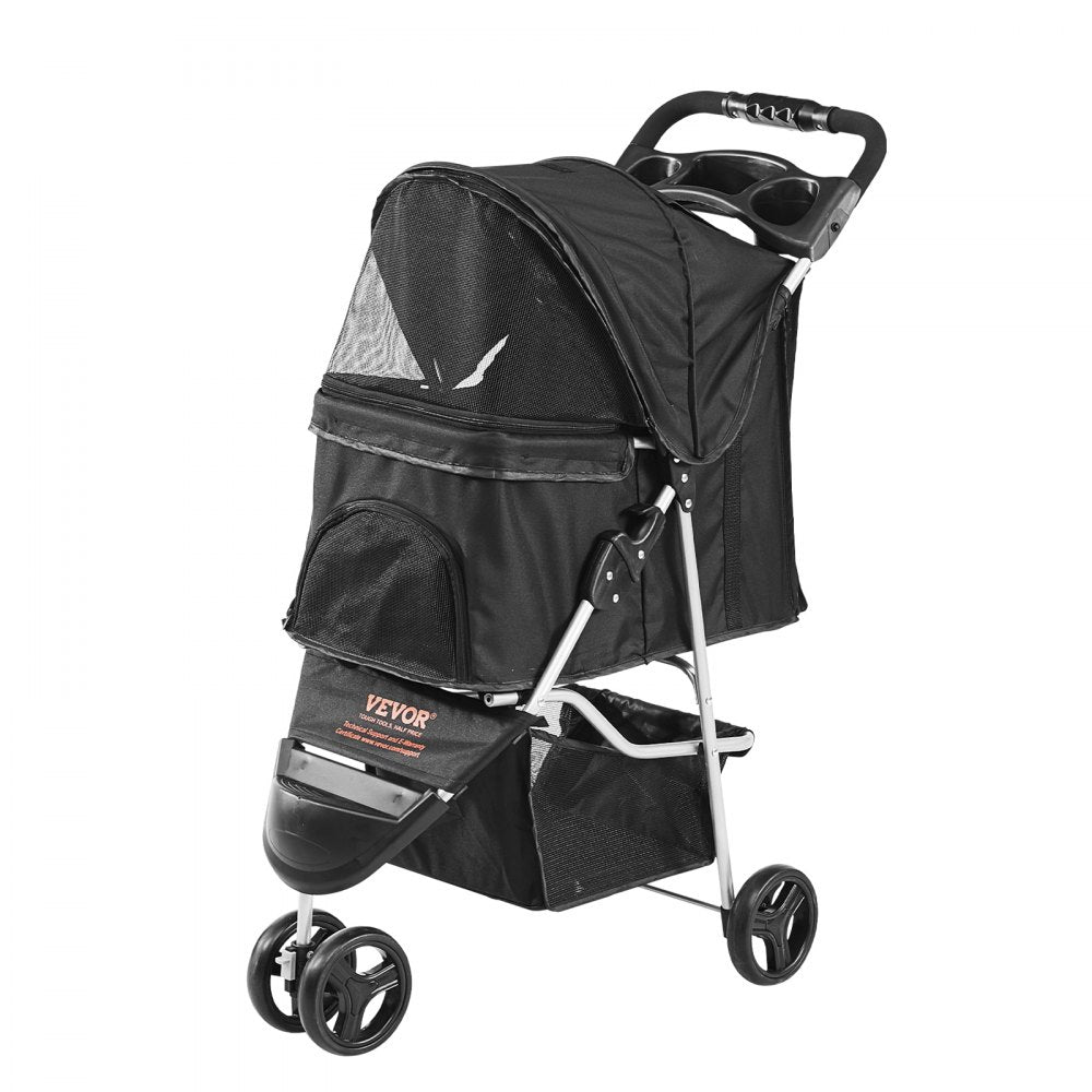 Black 3-wheel Bostome pet stroller with alloy frame, mesh panels, and brakes.