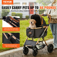 Bostome 4-wheel pet stroller in black with detachable carrier and spacious interior for pets.