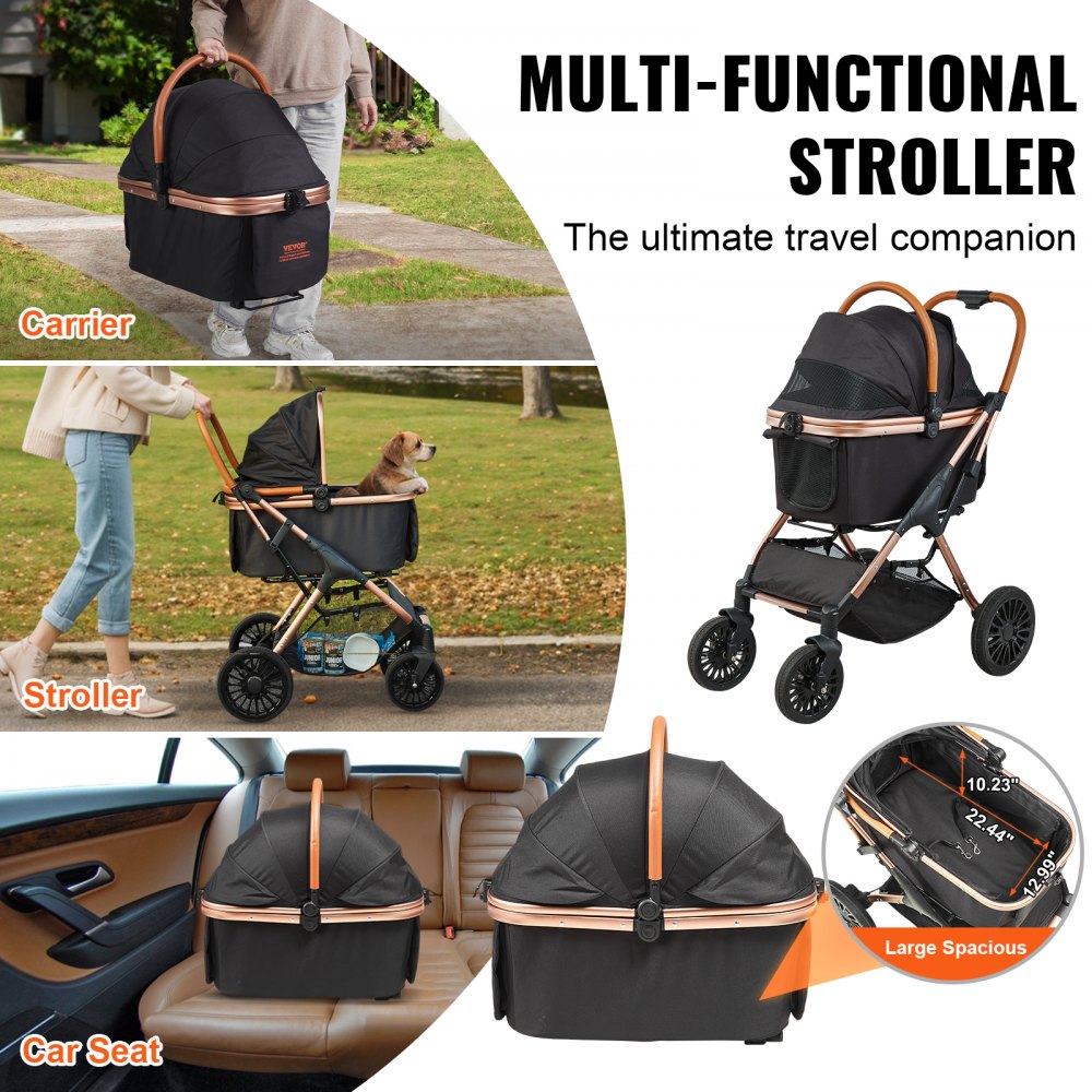 Black Bostome 4-Wheel Pet Stroller with detachable carrier and large wheels for smooth navigation.