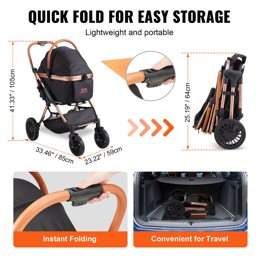Black Bostome 4-Wheel Pet Stroller with detachable carrier and large wheels for smooth navigation.