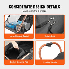 Bostome 4-wheel pet stroller in black with detachable carrier and large wheels for smooth navigation.