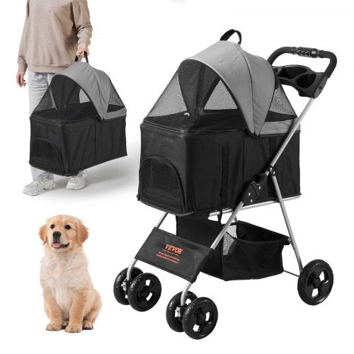 Black grey 4-wheel pet stroller with mesh canopy, storage basket, and a golden retriever puppy beside it.