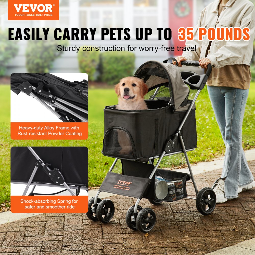 Black grey Bostome 4-wheel pet stroller with mesh sides and a small dog inside.