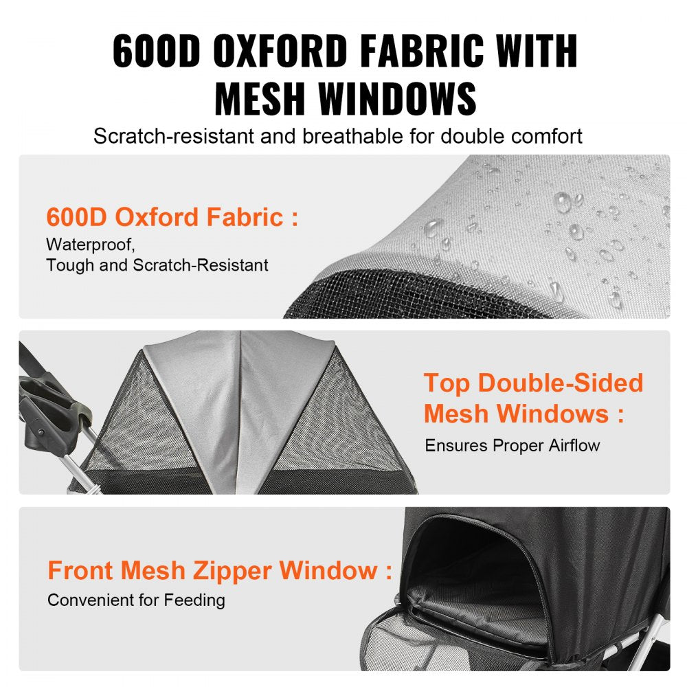 Black grey 4-wheel pet stroller with 600D Oxford fabric, mesh windows, and 35lbs capacity.