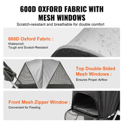 Black grey 4-wheel pet stroller with 600D Oxford fabric, mesh windows, and 35lbs capacity.