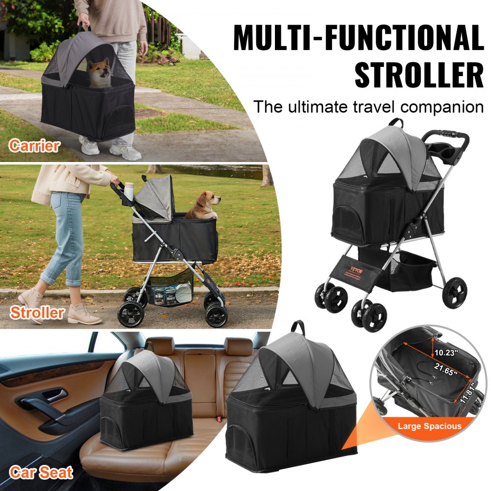 Black grey 4-wheel pet stroller with mesh panels, swivel wheels, and detachable carrier.