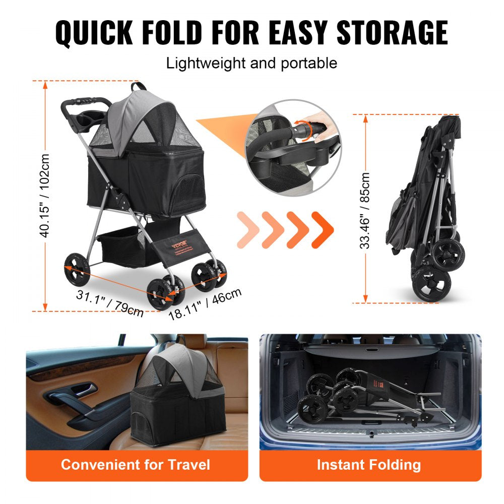 Black grey 4-wheel pet stroller with 35lbs capacity, foldable design, and mesh carrier.
