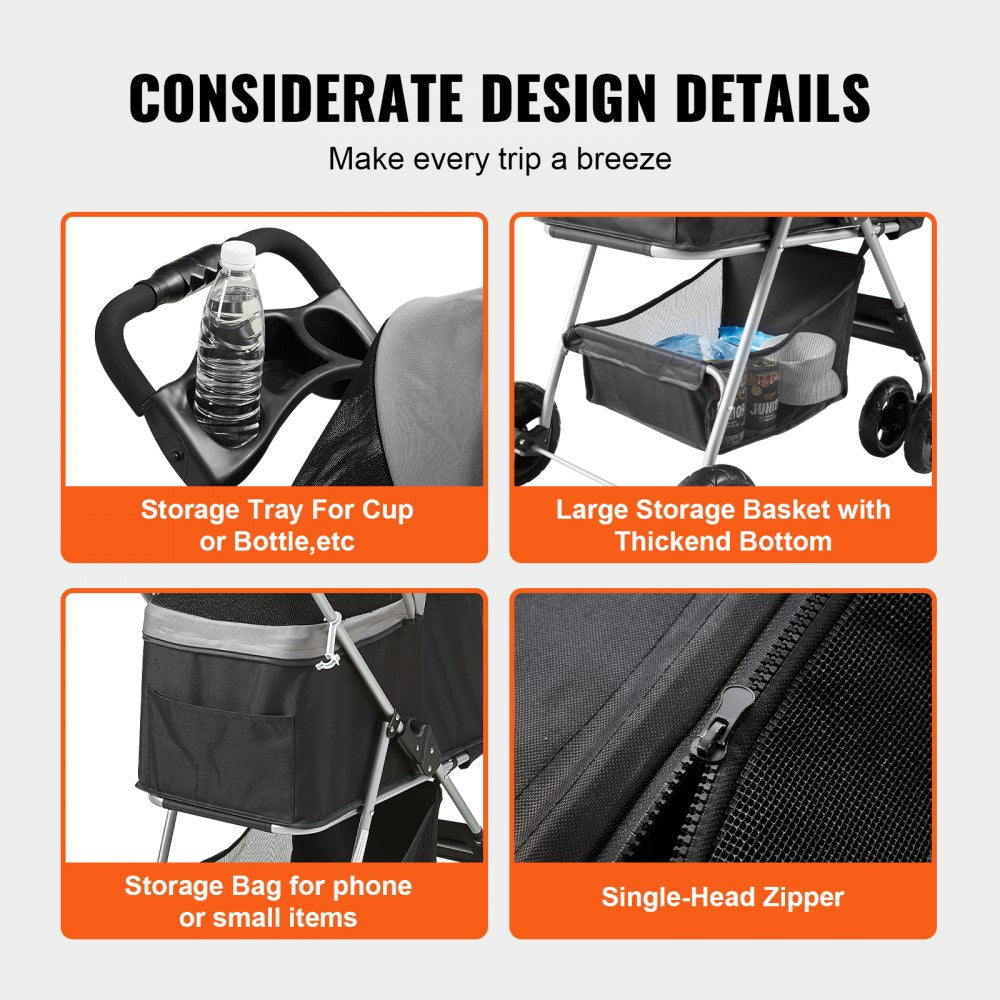 Close-up of Bostome pet stroller showing storage tray, cup holder, large basket, and zipper.