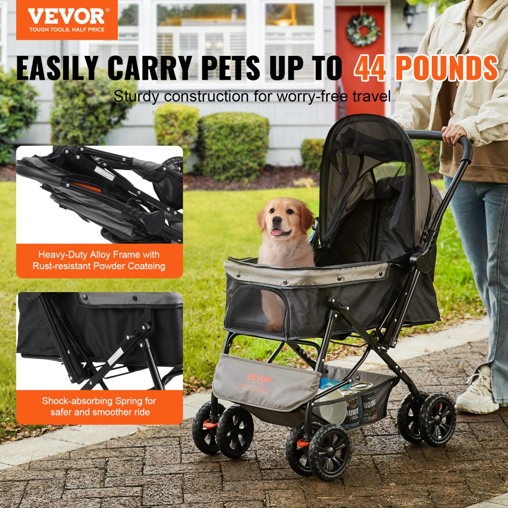 4-wheel pet stroller with reversible handle and 44lbs capacity, featuring alloy frame and mesh windows.