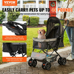 4-wheel pet stroller with reversible handle and 44lbs capacity, featuring alloy frame and mesh windows.