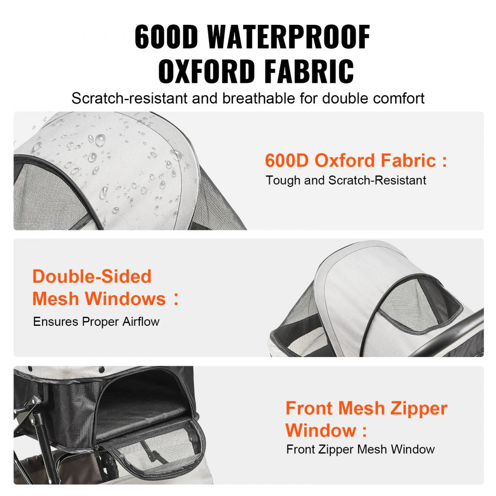 Pet stroller with waterproof Oxford fabric, mesh windows, and front zipper mesh window.