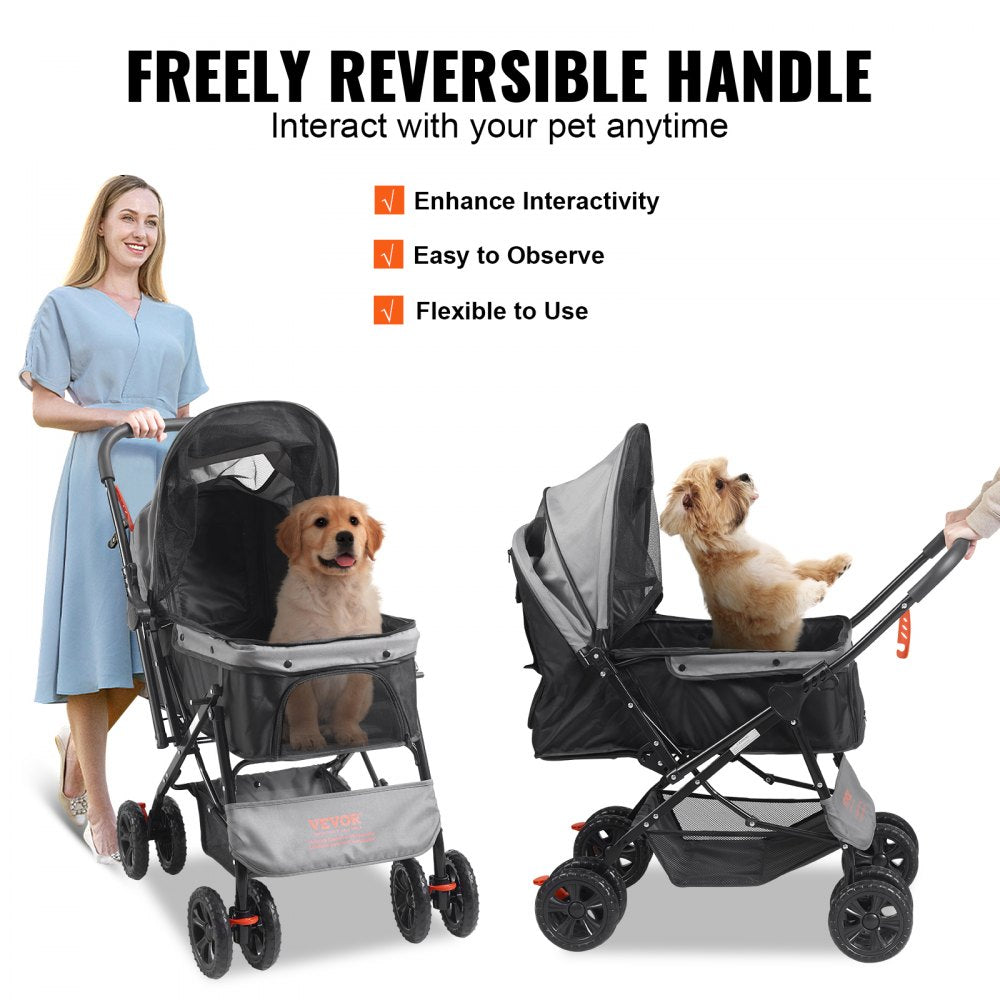 Bostome pet stroller with reversible handle, mesh sides, and two dogs inside on wheels.