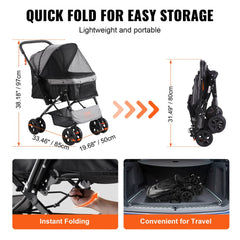 Bostome 4-wheel pet stroller with reversible handle, foldable design, and mesh windows.