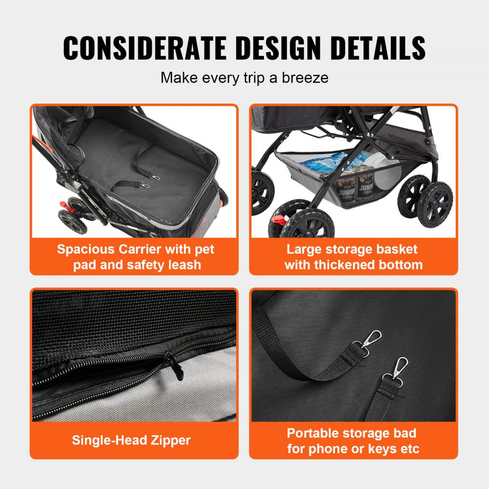 Collage of Bostome 4-wheel pet stroller showing reversible handle, padded carrier, safety leash, storage basket, and zipper details.