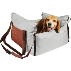 Gray Bostome dog booster car seat with a beagle inside, featuring adjustable straps and storage pocket.