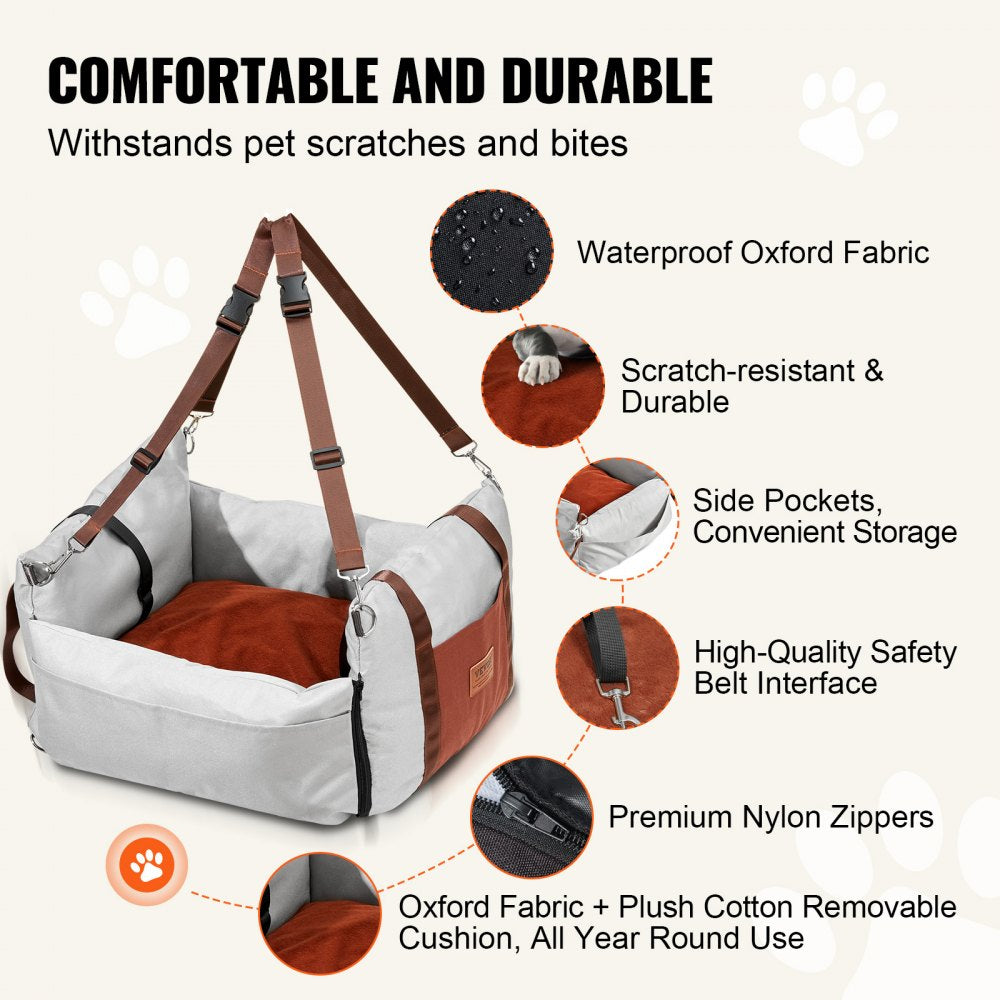Gray dog booster car seat with adjustable straps, safety belt, side pockets, and removable cushion.