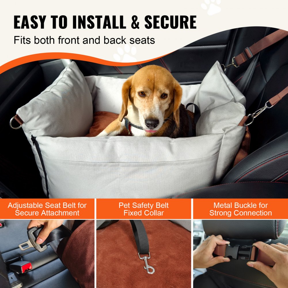 Gray dog booster car seat with beagle inside, adjustable belts, and safety tether for small pets.