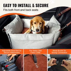 Gray dog booster car seat with beagle inside, adjustable belts, and safety tether for small pets.
