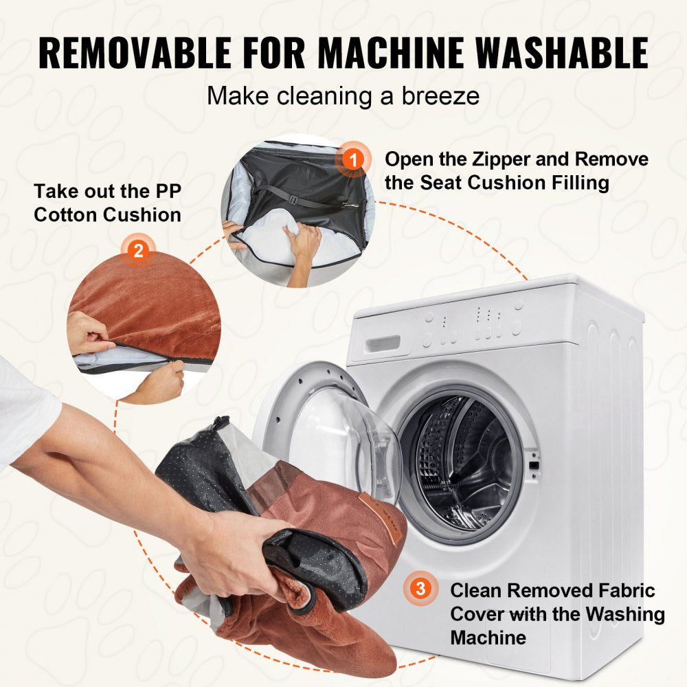 Infographic showing steps to remove and machine-wash the gray Bostome dog booster car seat cover for small pets.