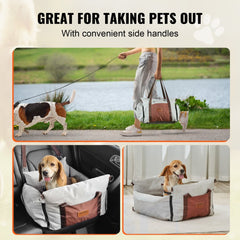 Gray Bostome dog booster car seat with side handles, shown in car and as portable carrier with small beagle.