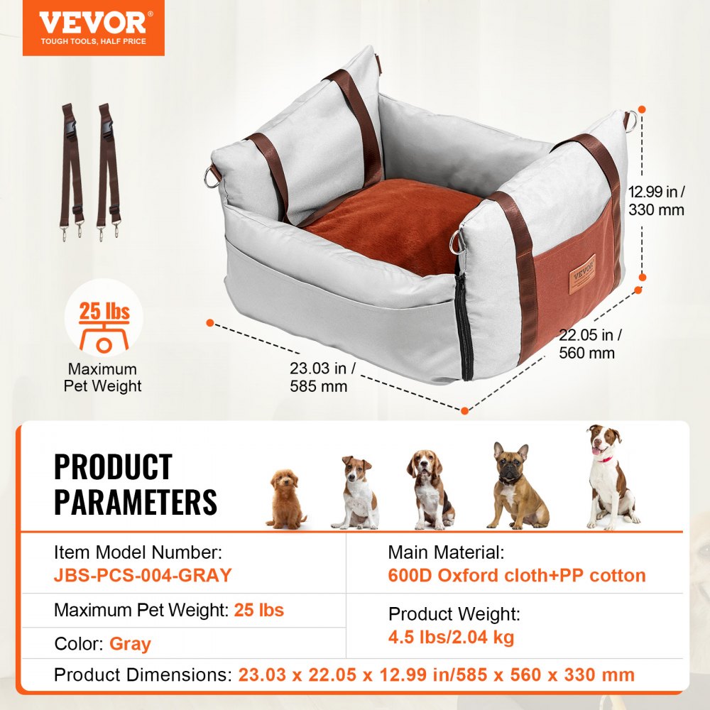 Gray Bostome dog booster car seat for small pets up to 25 lbs, with adjustable belts and dimensions shown.