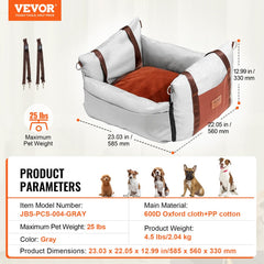 Gray Bostome dog booster car seat for small pets up to 25 lbs, with adjustable belts and dimensions shown.
