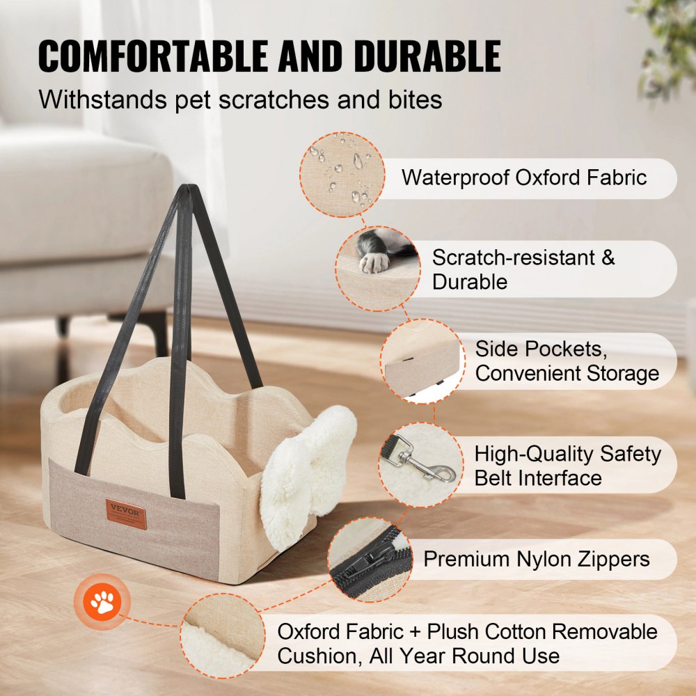 Small pet booster seat with waterproof fabric and plush pad for comfort and safety.