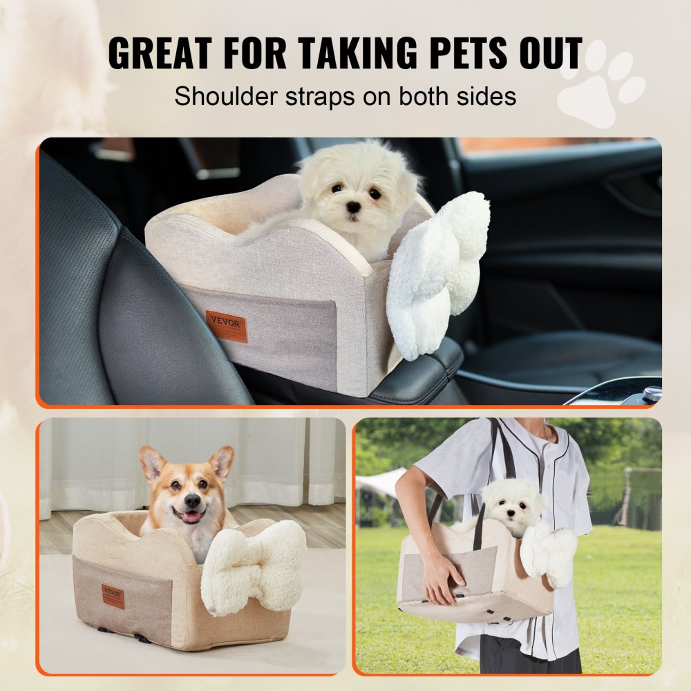Small pet booster car seat with waterproof fabric and adjustable seat belts for safety.