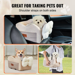 Small pet booster car seat with waterproof fabric and adjustable seat belts for safety.